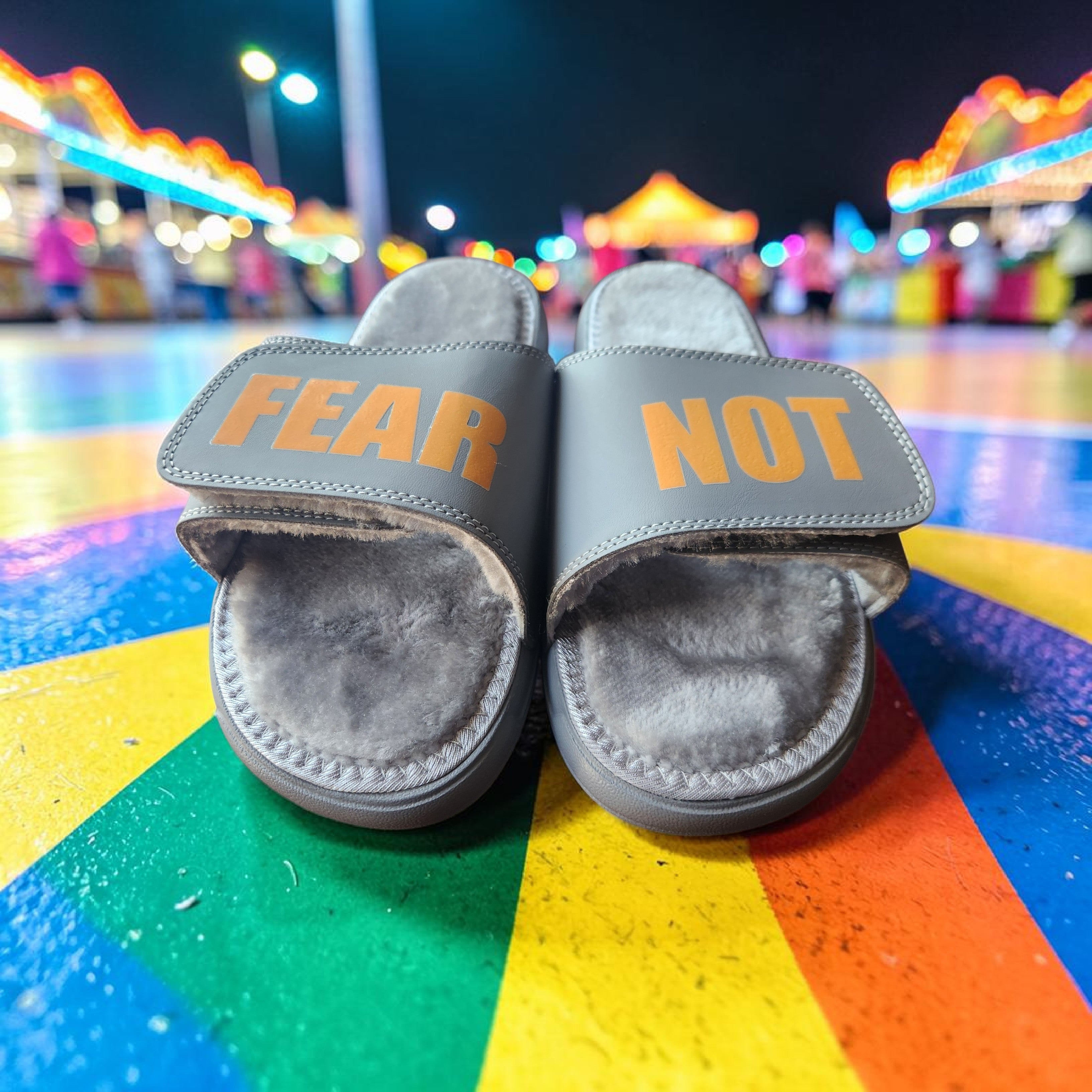 SALVTN SLIDES (ORANGE/GREY) (FAUX FUR)